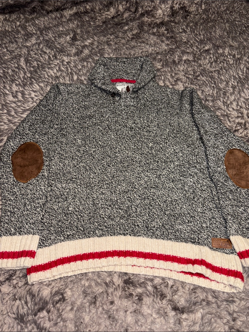 Roots Genuine Cabin Wool Blend Shawl Neck Sweater Mens XXL Elbow Patches
